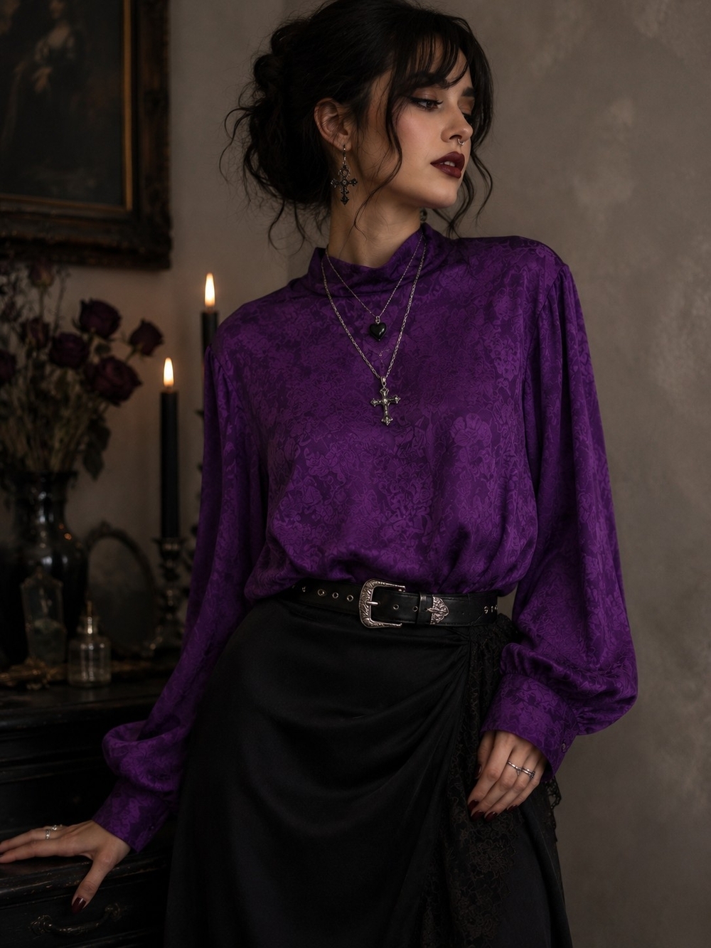 Vintage Anne Klein II Purple Silk Jacquard Blouse Button Neck Victorian Goth